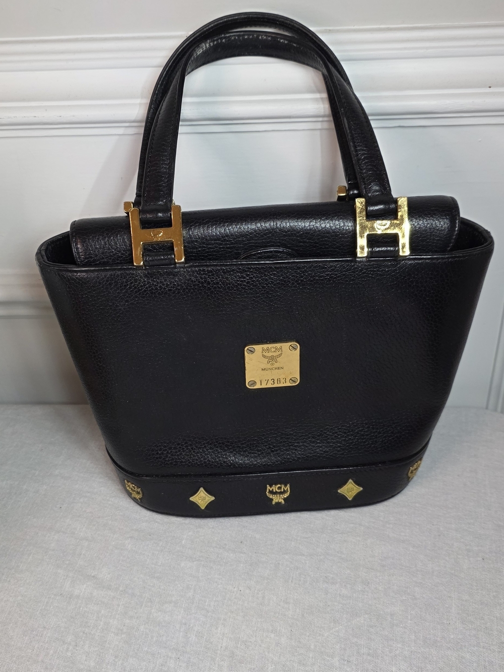 MCM Vintage Black Leather Flap Studded Bucket Tote with COA